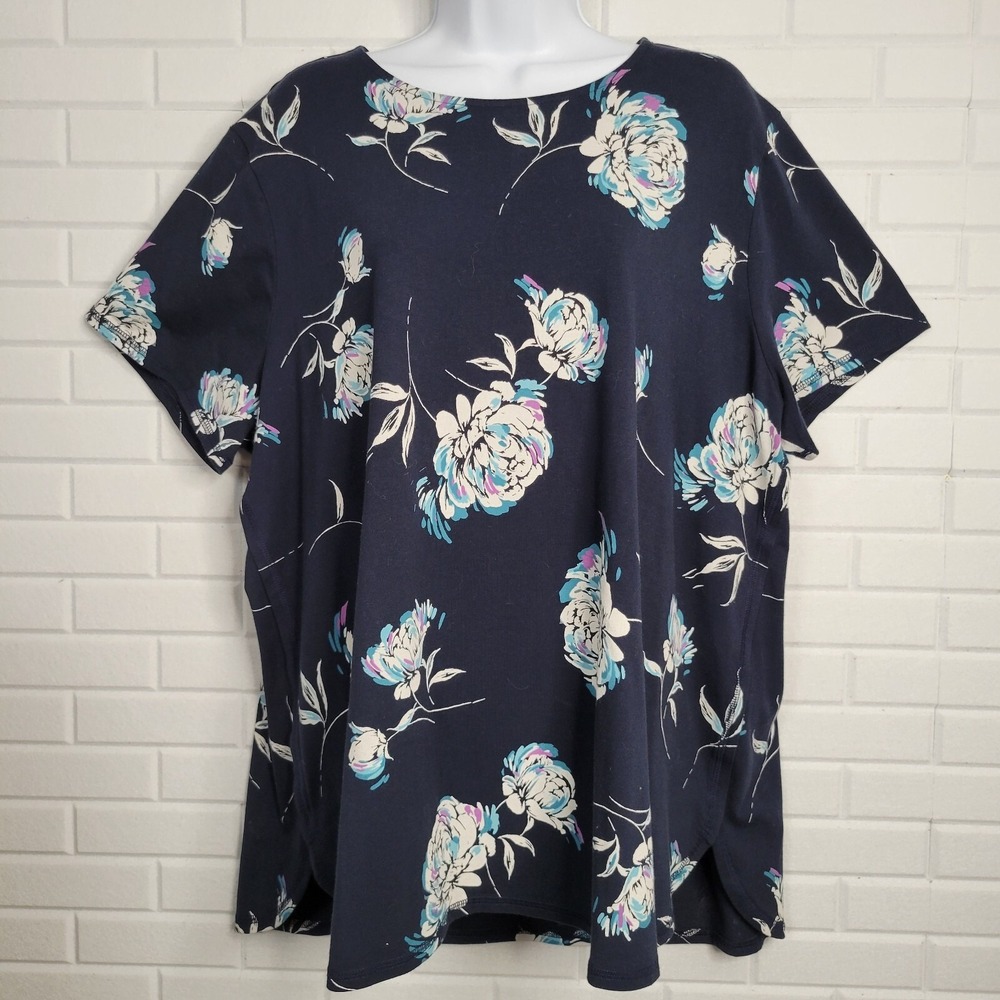 J Jill size 2X Navy Blue Floral Fit  Progress Shirttail T-shirt Loose Fit Casual